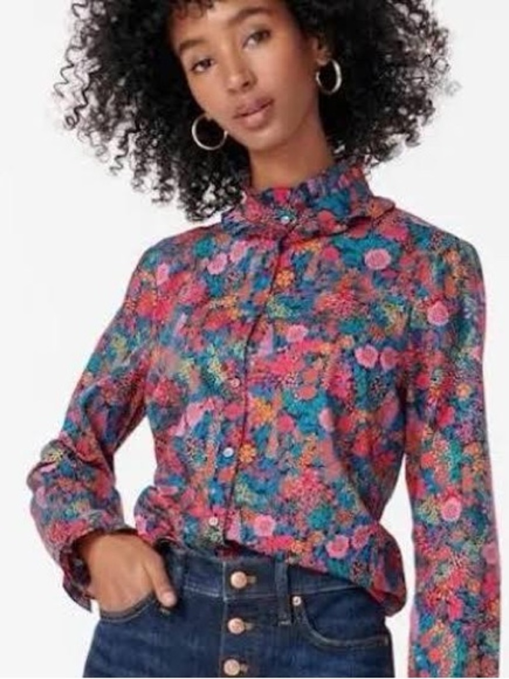 J.Crew Liberty London Ciara Floral Print Button Down Ruffle Collar Top Sz M